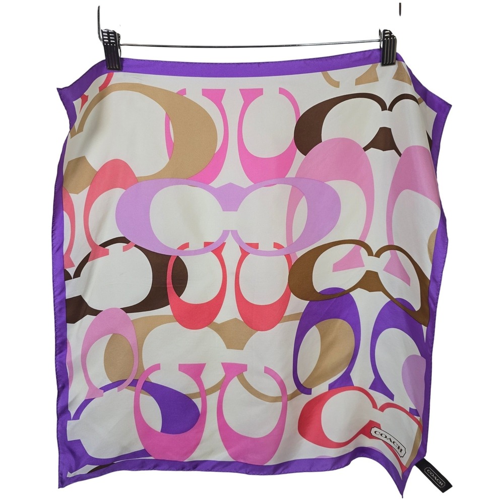 Coach Signature C Logo 100% Silk Square Scarf Purple Pink Tan White Designer